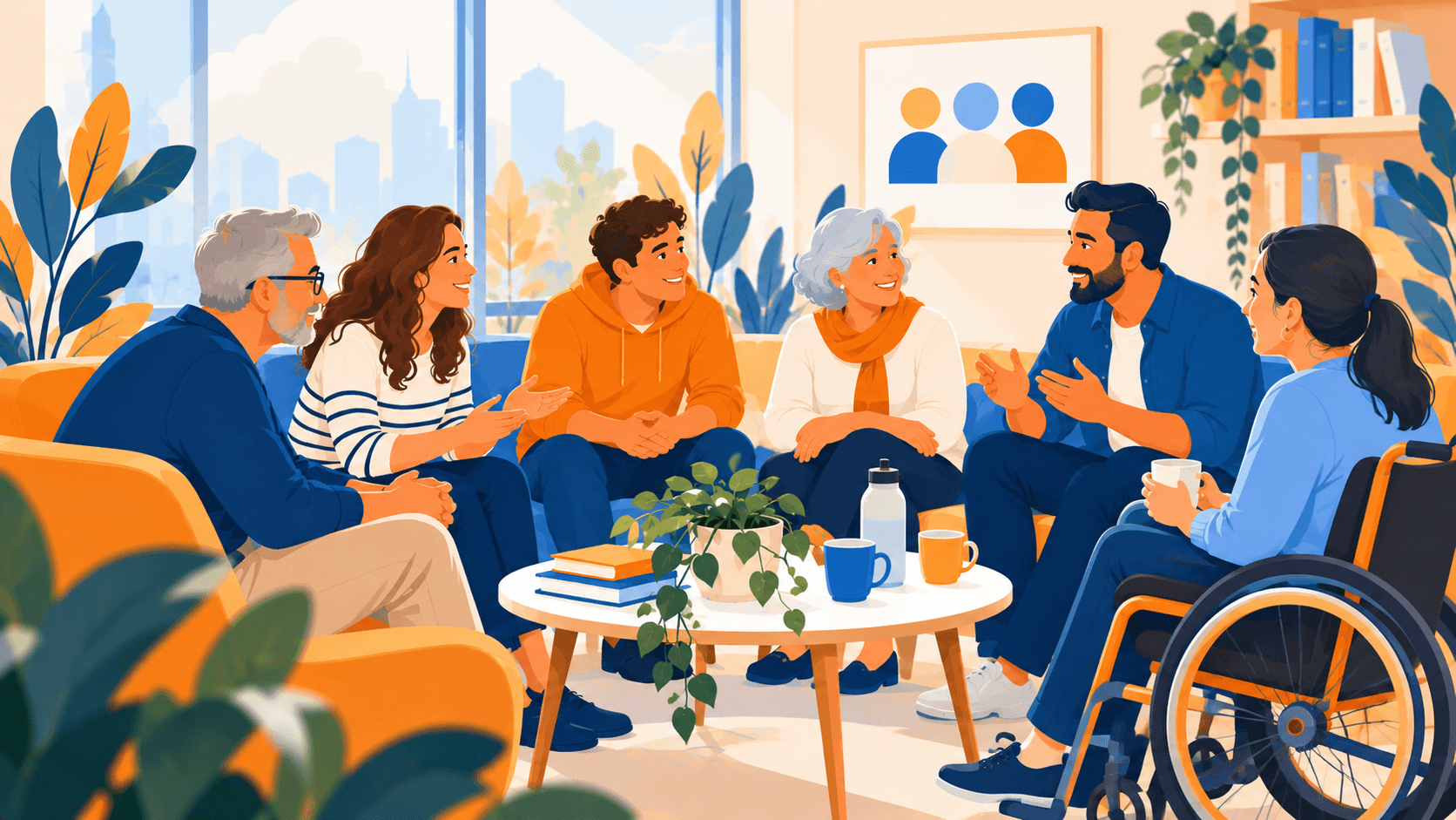 Grupo de apoyo conversando en círculo